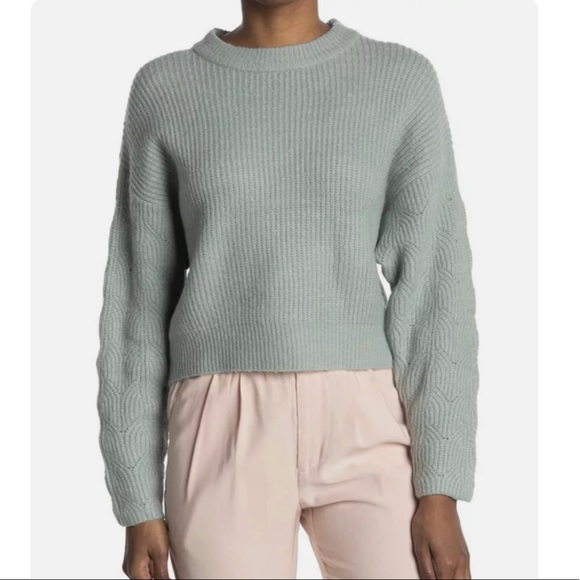 Elodie Sweaters - Elodie Pointelle Sleeve Crewneck Sweater Seafoam Green Detailed Sleeve